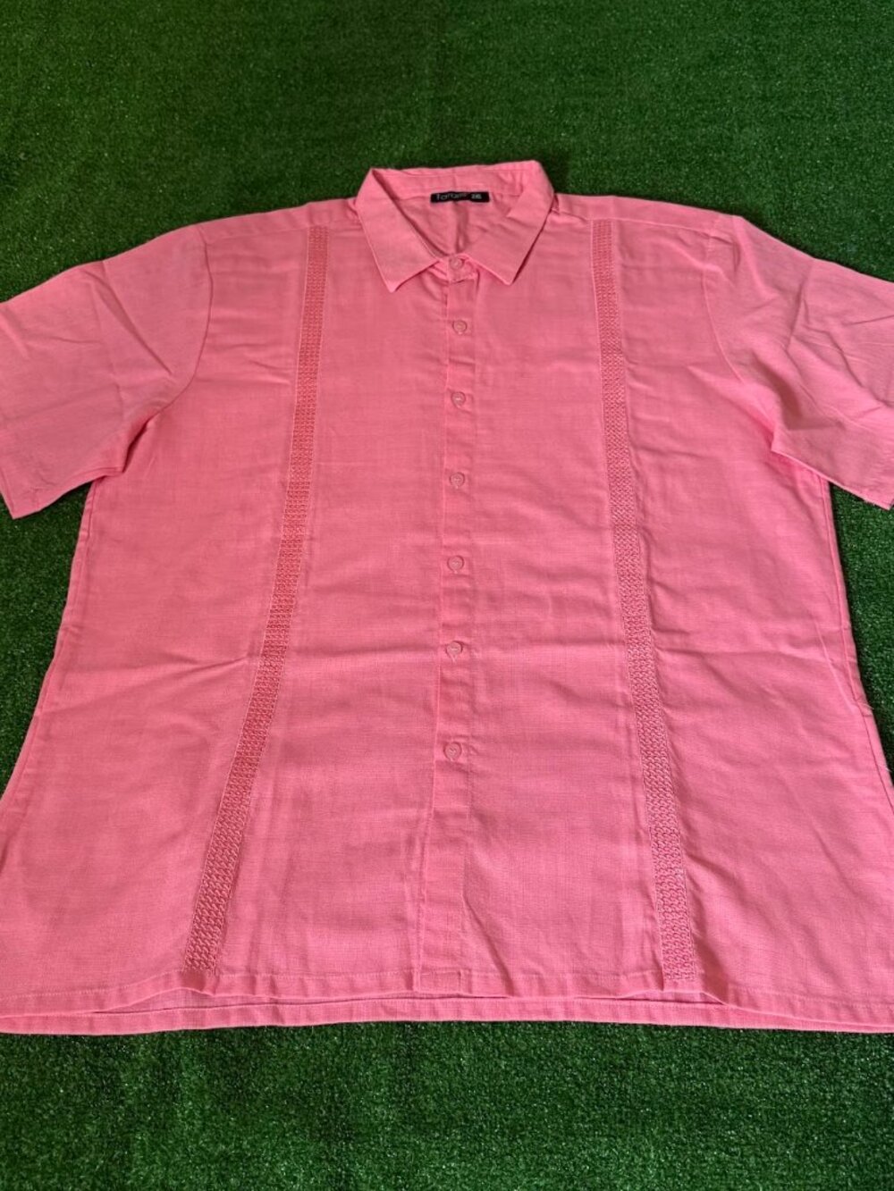 Tarami Men's 2XL Pink Guayabera Camp Shirt Embroidered Linen Blend Made Mexico